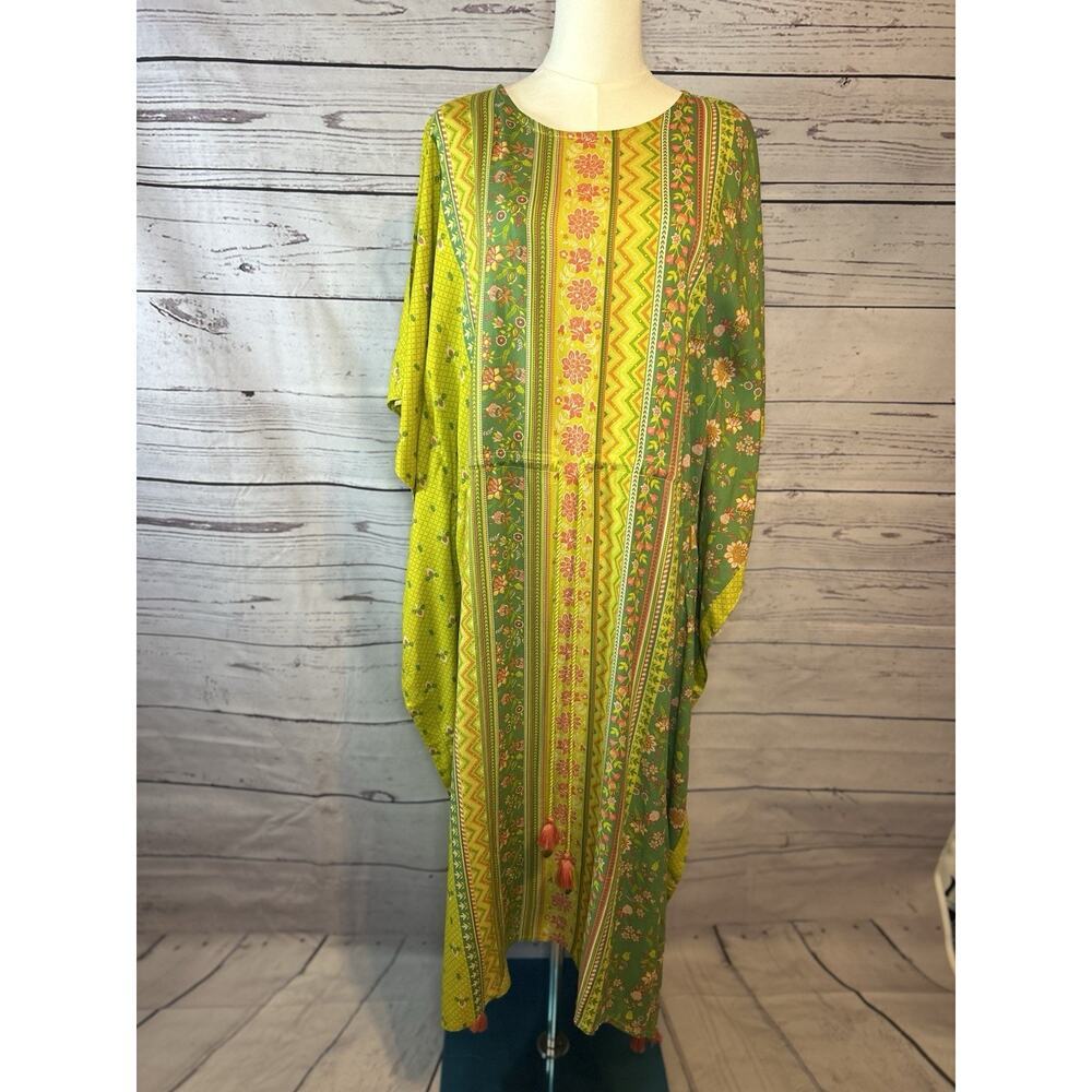 Boho Floral Geometric Tassel Fringe Dress Green Pink Tropical Tunic L - Picture 2 of 9